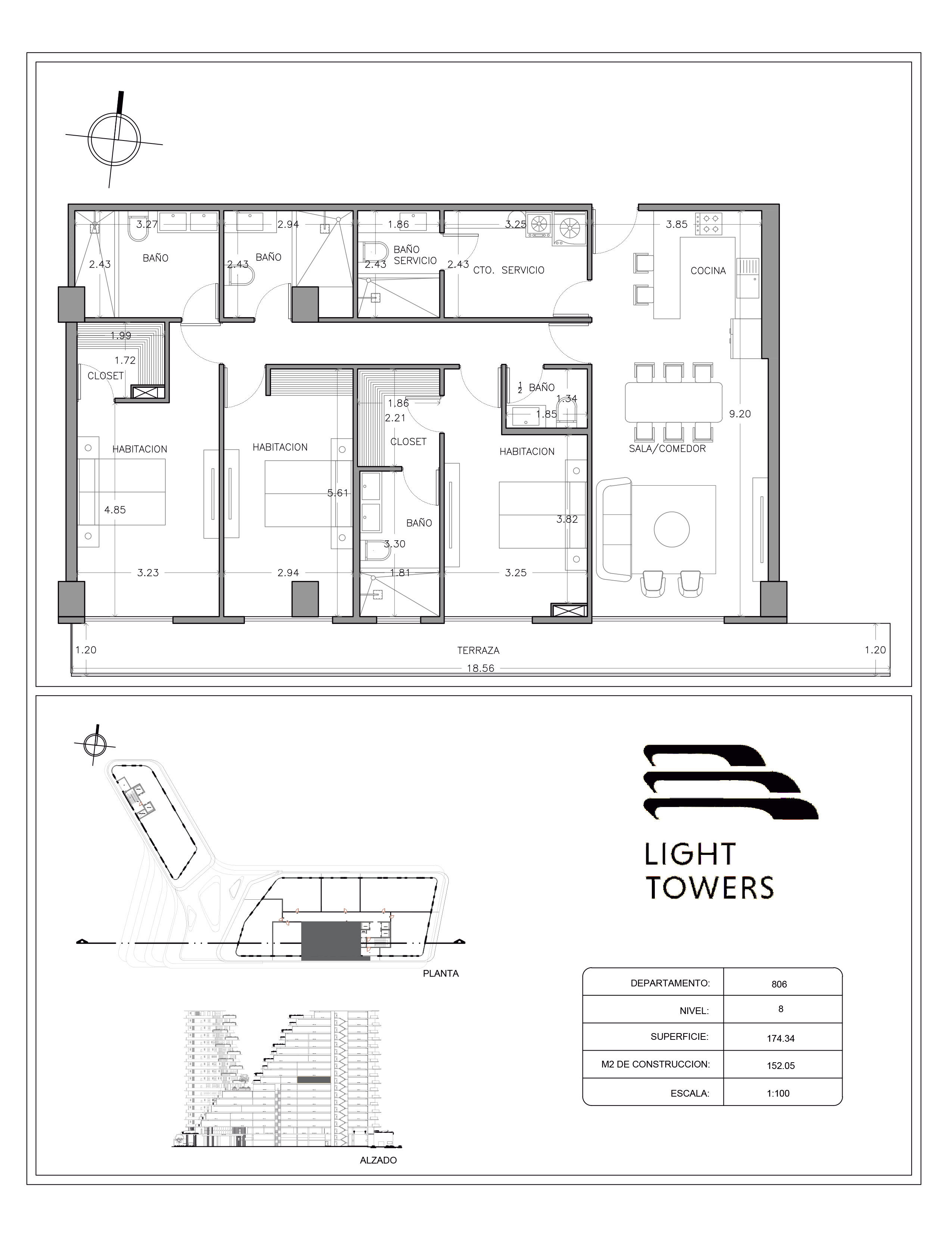 Plano arquitectónico del departamento 806, nivel 8, Light Towers
